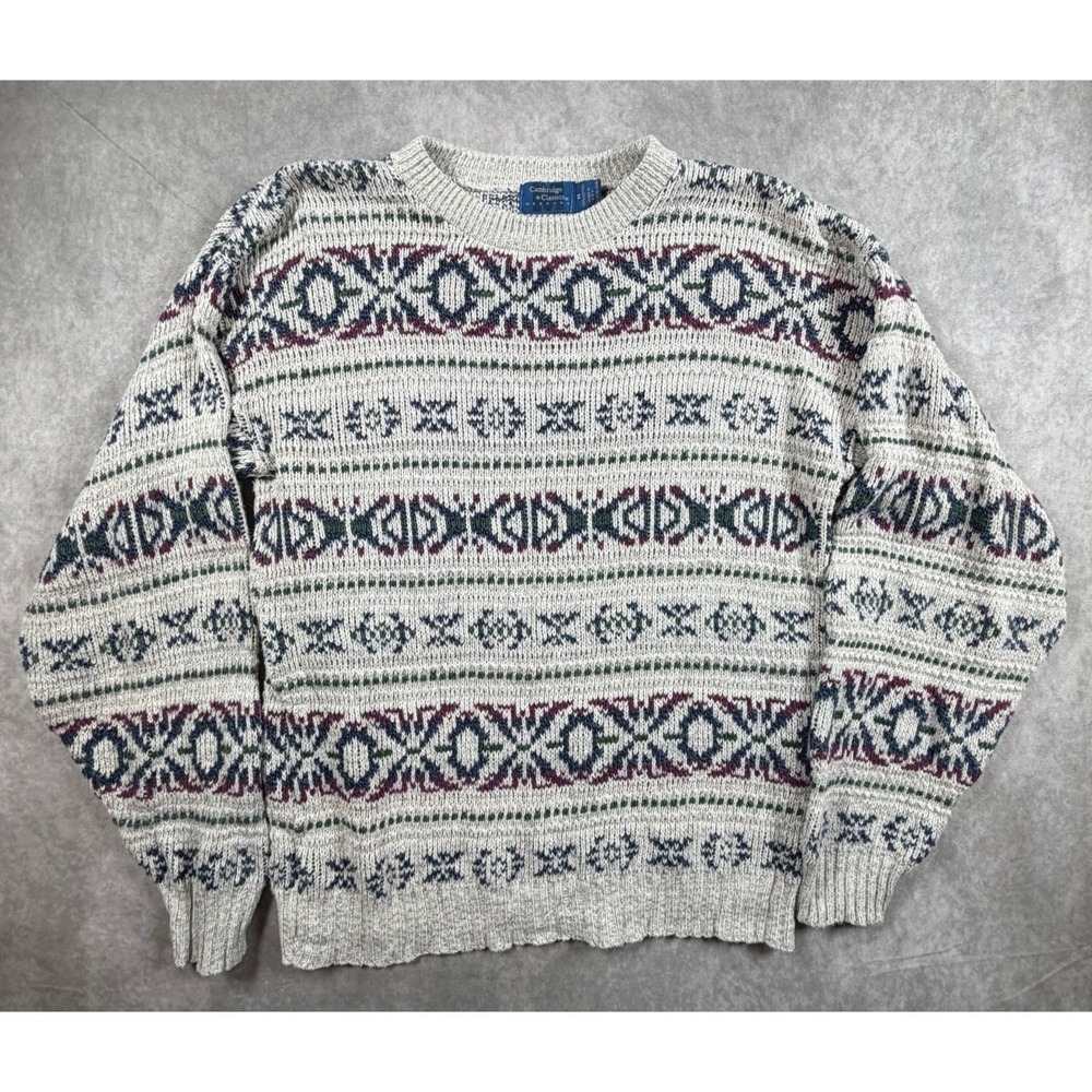 Cambridge Classics Vintage 90s Mens Medium Sweater Gray Fair Isle Ramie Cotton